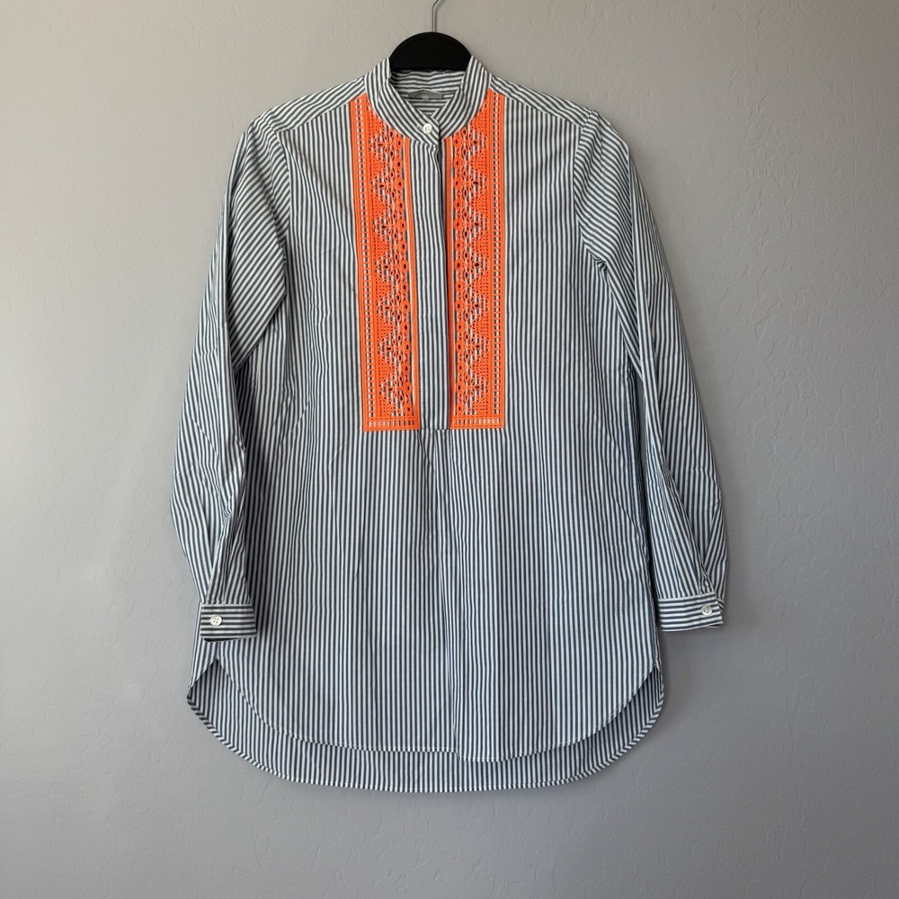 Bogner Size 6 Tunic Top Blue White Stripe Long Sleeve Orange Eyelet Embroidered